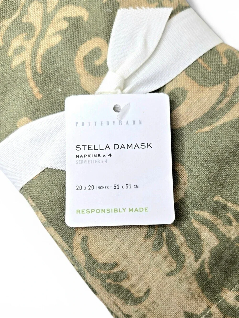 Pottery Barn Cloth Napkins, Green Damask, Set Of 4